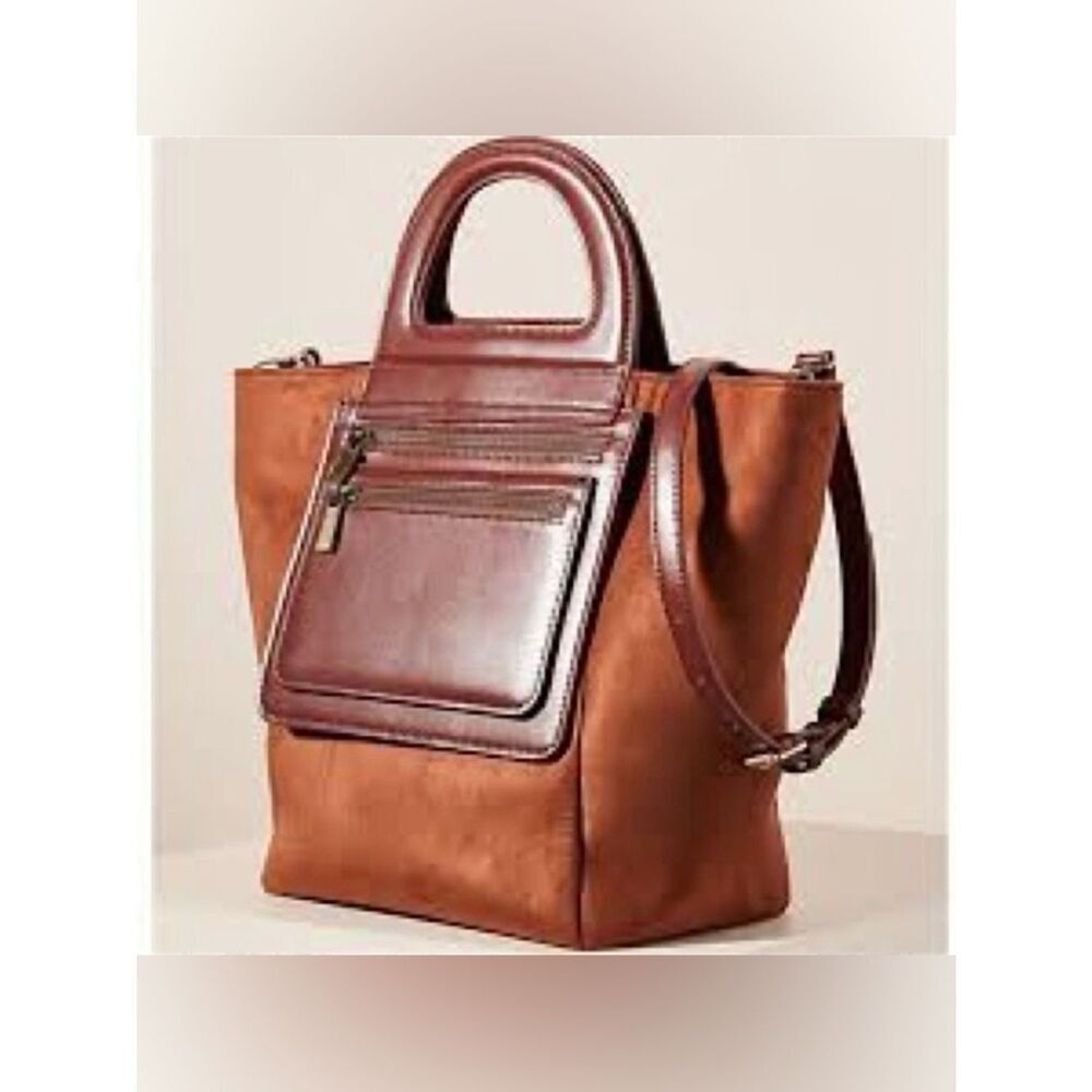 Anthropologie Bag Prudence Tote Crossbody Strap Faux Suede Warm Brown
